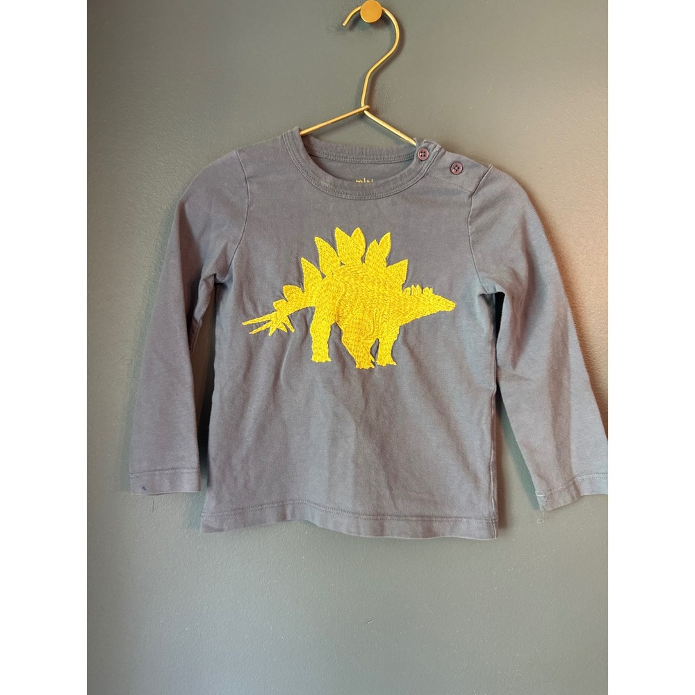 Mini Boden Boys Blue Yellow Embroidered Stegosaurus Dinosaur Shirt 18-24M 2T